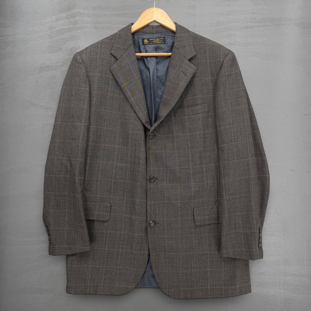 Brooks Brothers Blazer Made in USA Grey Windowpane Wool 3-Button Sport Coat 44R